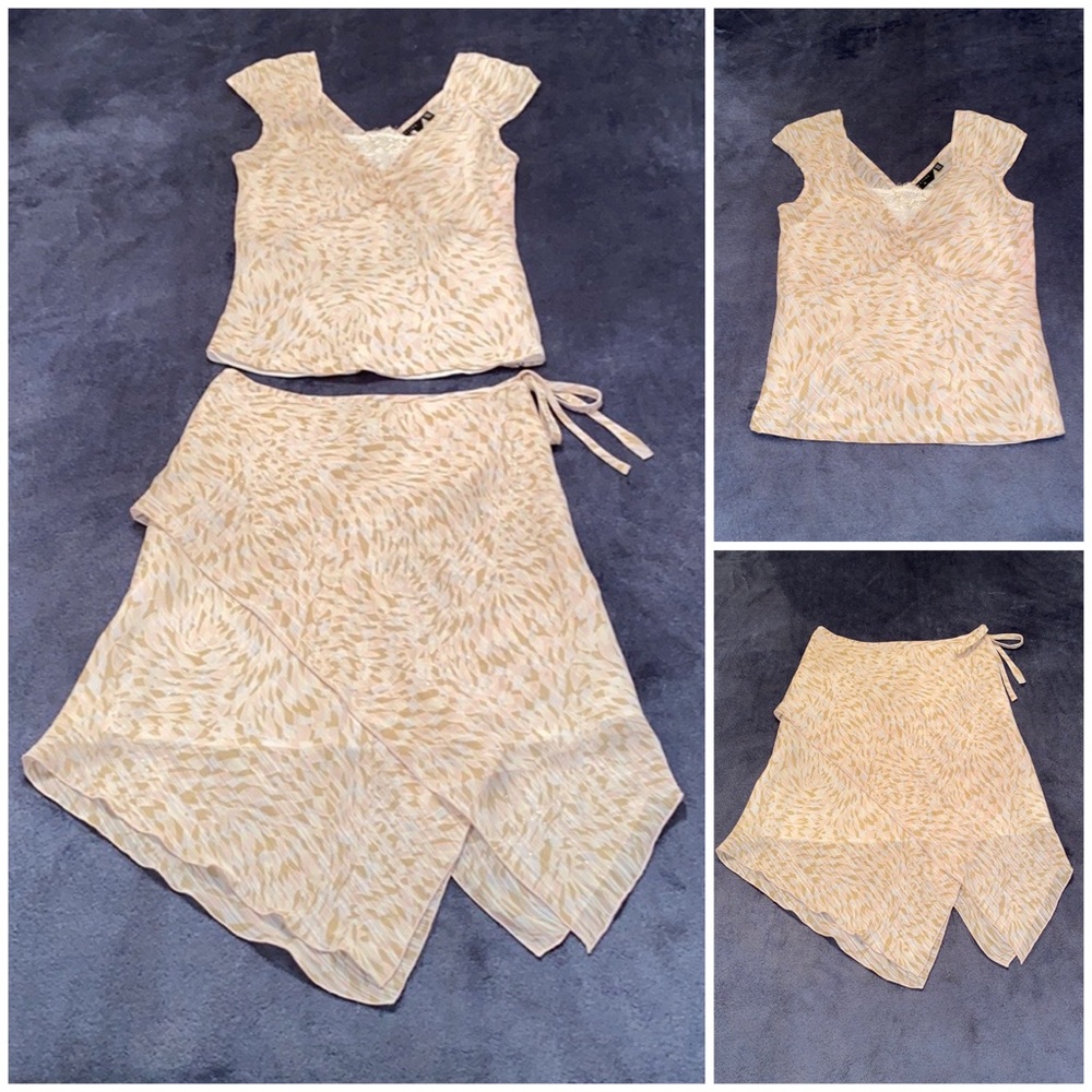 Mastina Pink Khaki Abstract Semi-Sheer Sleeveless Top Handkerchief Skirt Set